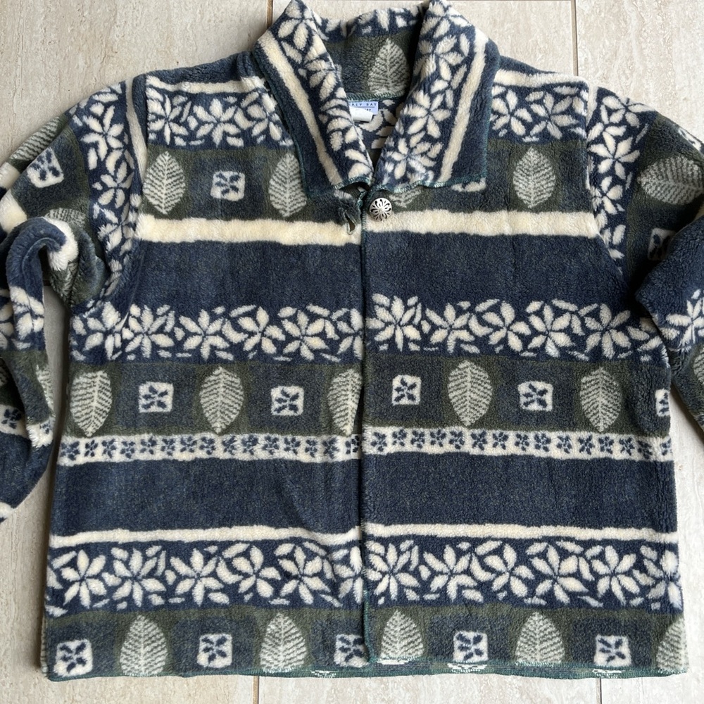 Vintage Monterey Bay Leaf Print Fleece Jacket Green Blue Coastal Grandma M